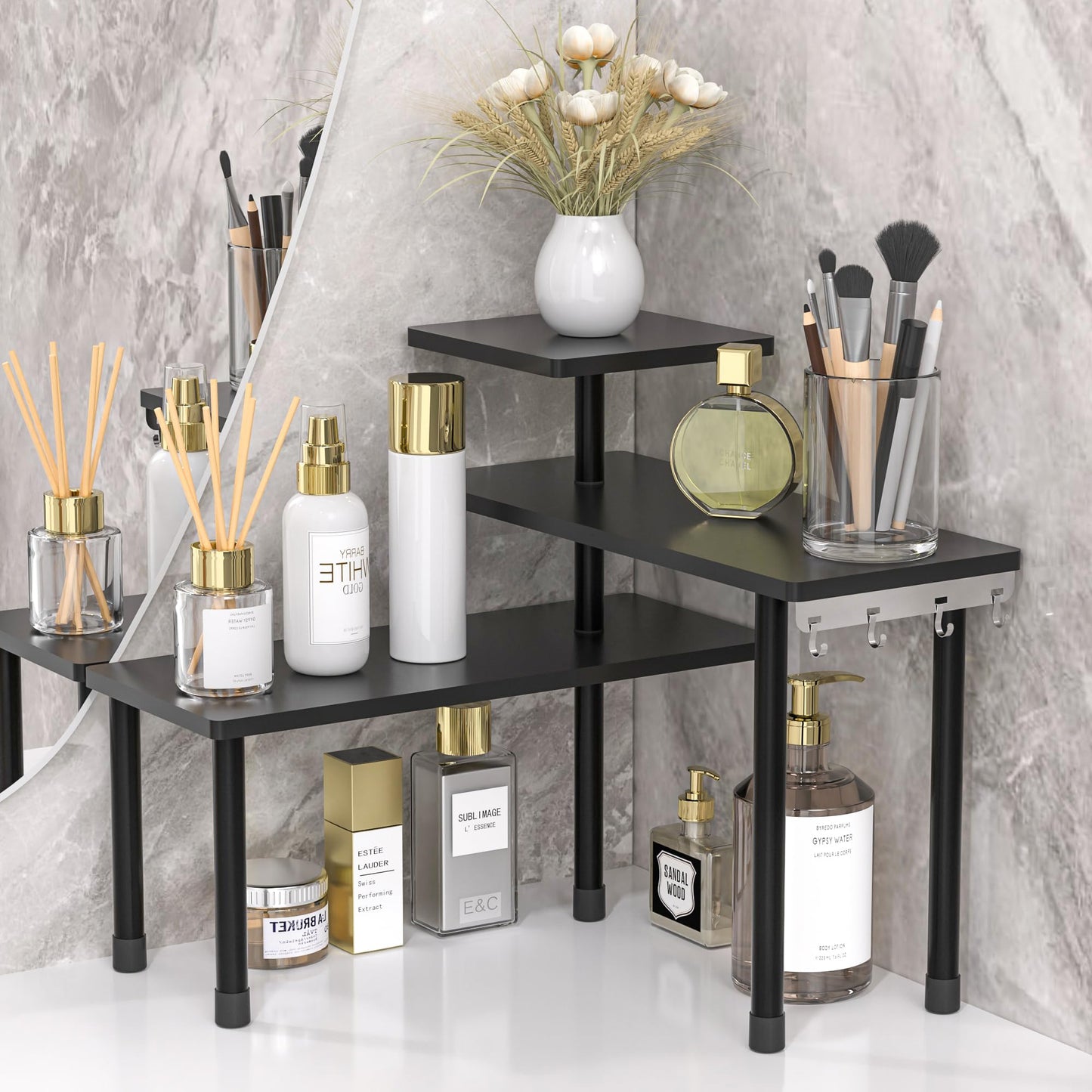 JayRex Countertop Organizer Organization, 3 Tier Moveable Corner Shelf Organizer for Kitchen, Bathroom, Spice Rack, Coffee Area, Over Sink, Dresser Table (Rustic Brown)