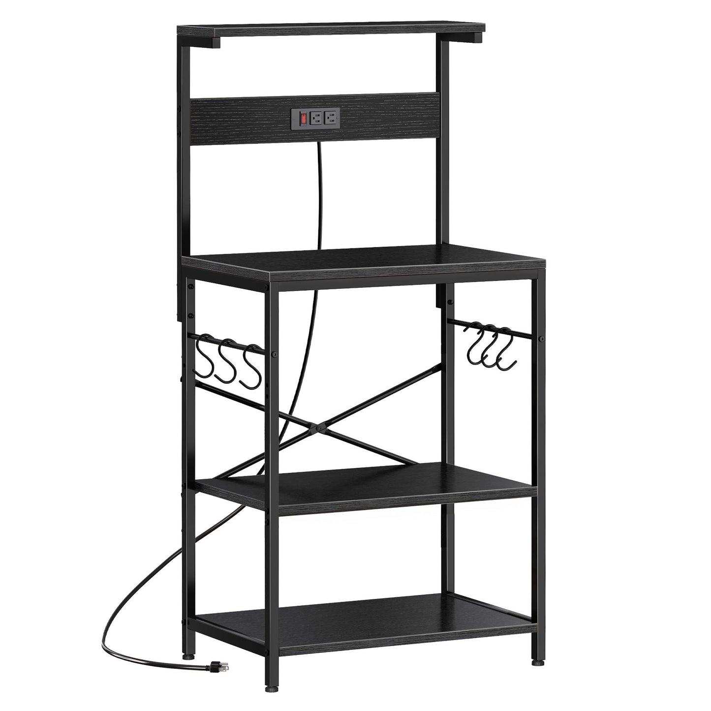 SUPERJARE Kitchen Bakers Rack with Power Outlet, Coffee Bar Table 4 Tiers, Kitchen Microwave Stand with 6 S-shaped Hooks, Storage Shelf Rack for Spices, Pots and Pans - Rustic Brown