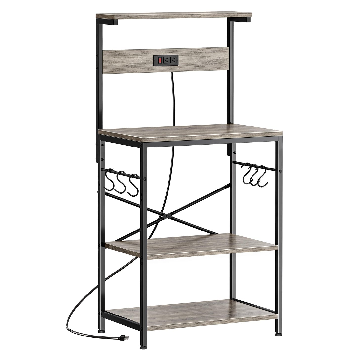 SUPERJARE Kitchen Bakers Rack with Power Outlet, Coffee Bar Table 4 Tiers, Kitchen Microwave Stand with 6 S-shaped Hooks, Storage Shelf Rack for Spices, Pots and Pans - Rustic Brown