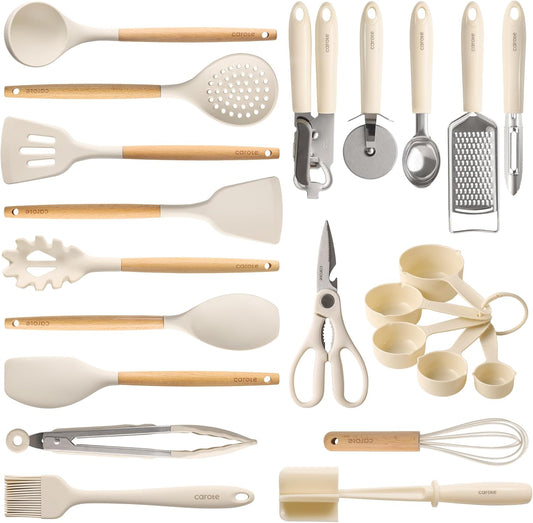 CAROTE 22pcs Silicone Cooking Utensils Set, 446°F Heat Resistant Kitchen Utensils Gadgets Set, Spatula, Turner, Whisk, Tongs