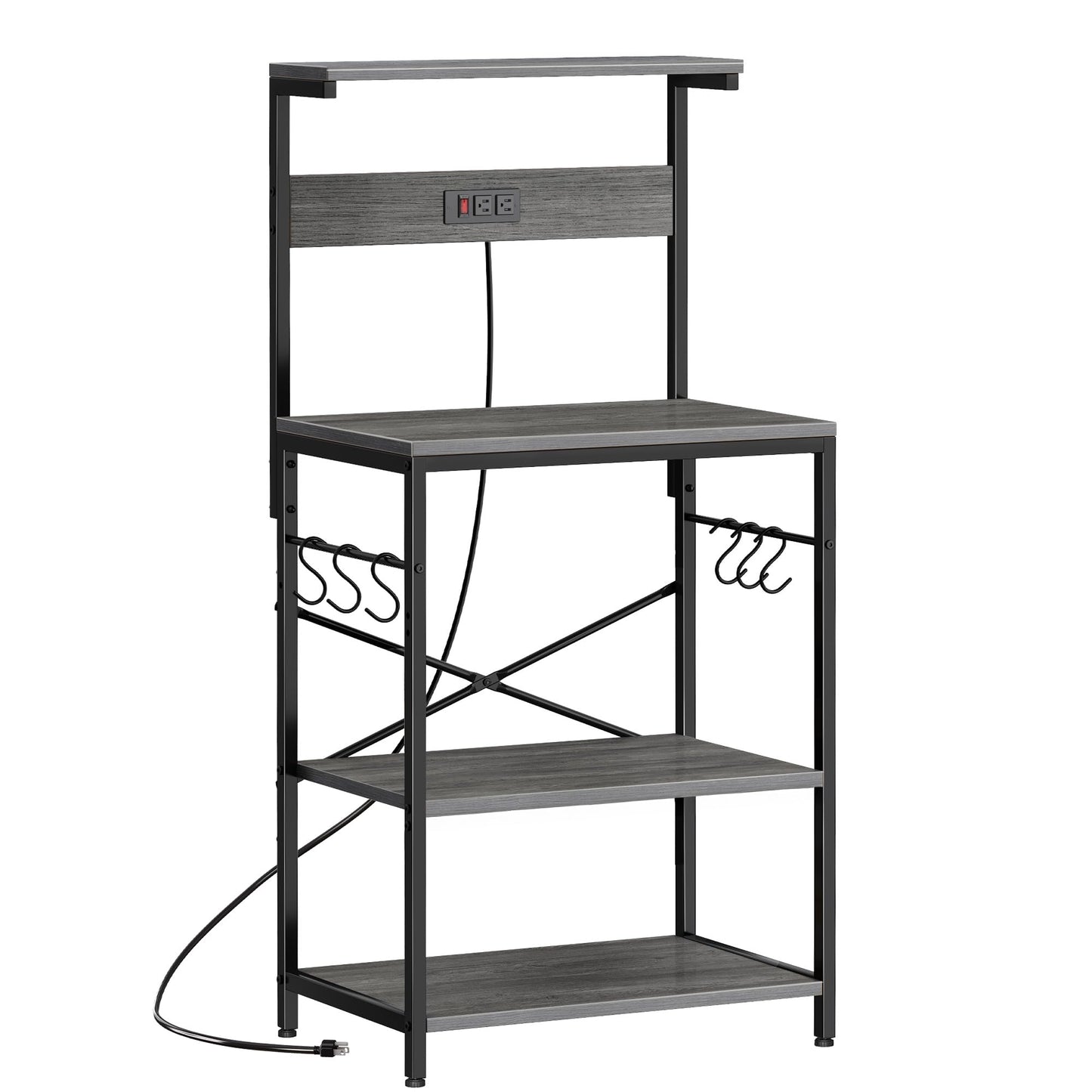 SUPERJARE Kitchen Bakers Rack with Power Outlet, Coffee Bar Table 4 Tiers, Kitchen Microwave Stand with 6 S-shaped Hooks, Storage Shelf Rack for Spices, Pots and Pans - Rustic Brown
