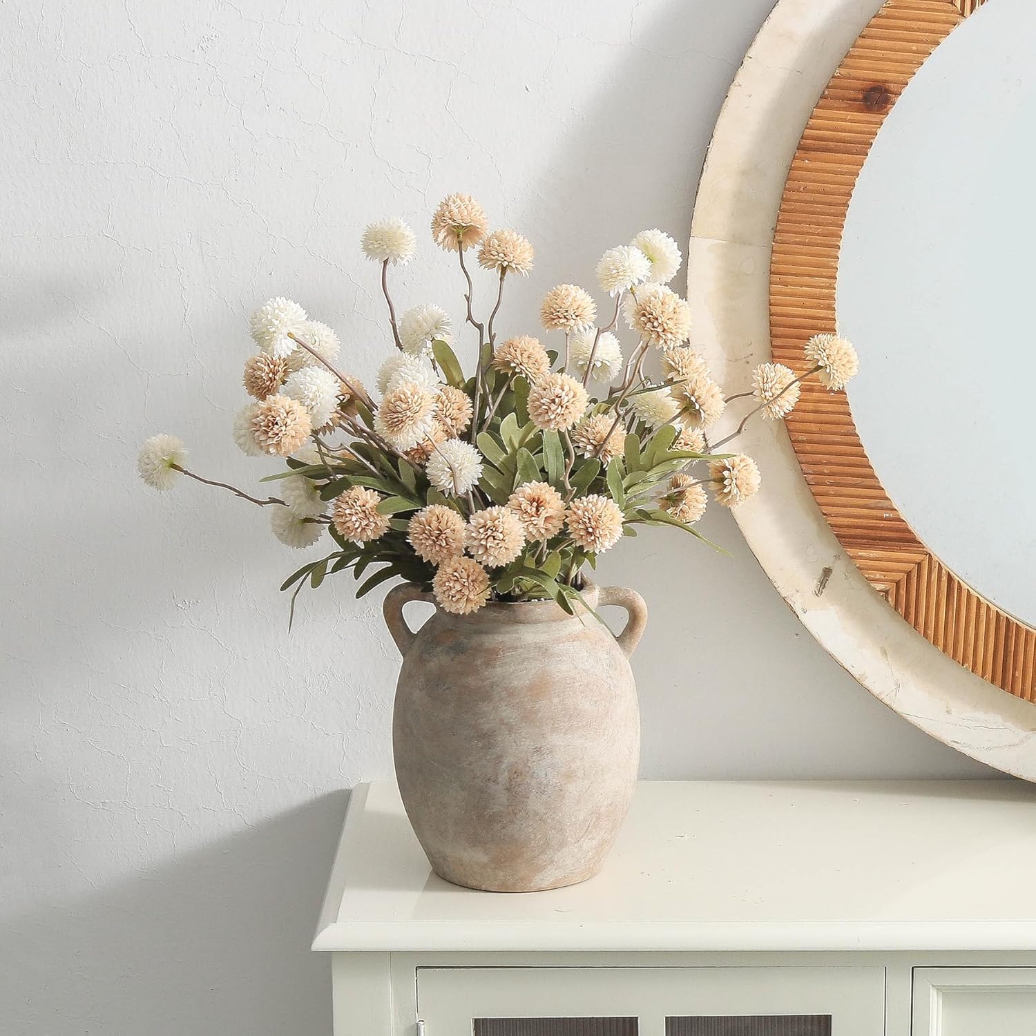 Dobbyby Ceramic Flower Vase 7.6 inch Farmhouse Rustic Vase Decorative Pottery Terracotta Vases for Home Decor Table Mantle Fireplace Living Room Bathroom Wedding Centerpiece (Whitewashed)